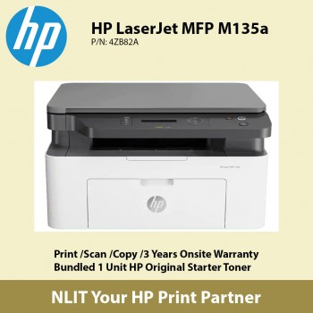 HP LaserJet MFP135A AIO Printer :  A4 Mono Print , Scan, Copy,  20ppm Black, 3 Yrs Warranty, Ewallet RM80.00 Claims before 14/5/2022. 
